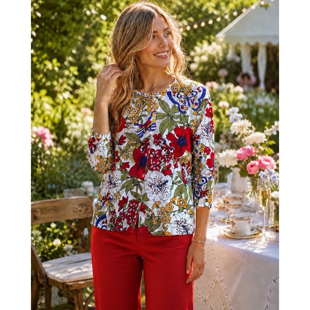August Silk Cardigan Sweater (M) Floral Butterfly Button Front Cottagecore Boho